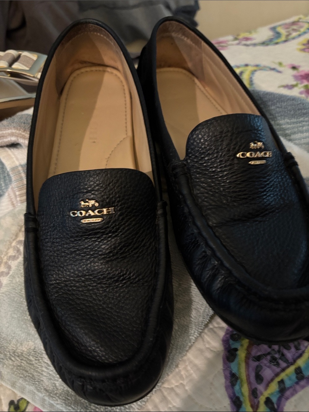 Coach Black Pebbled Leather Slip-On Loafers with Gold Logo